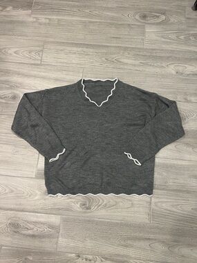 Women’s Gray V-Neck Sweater with White Trim